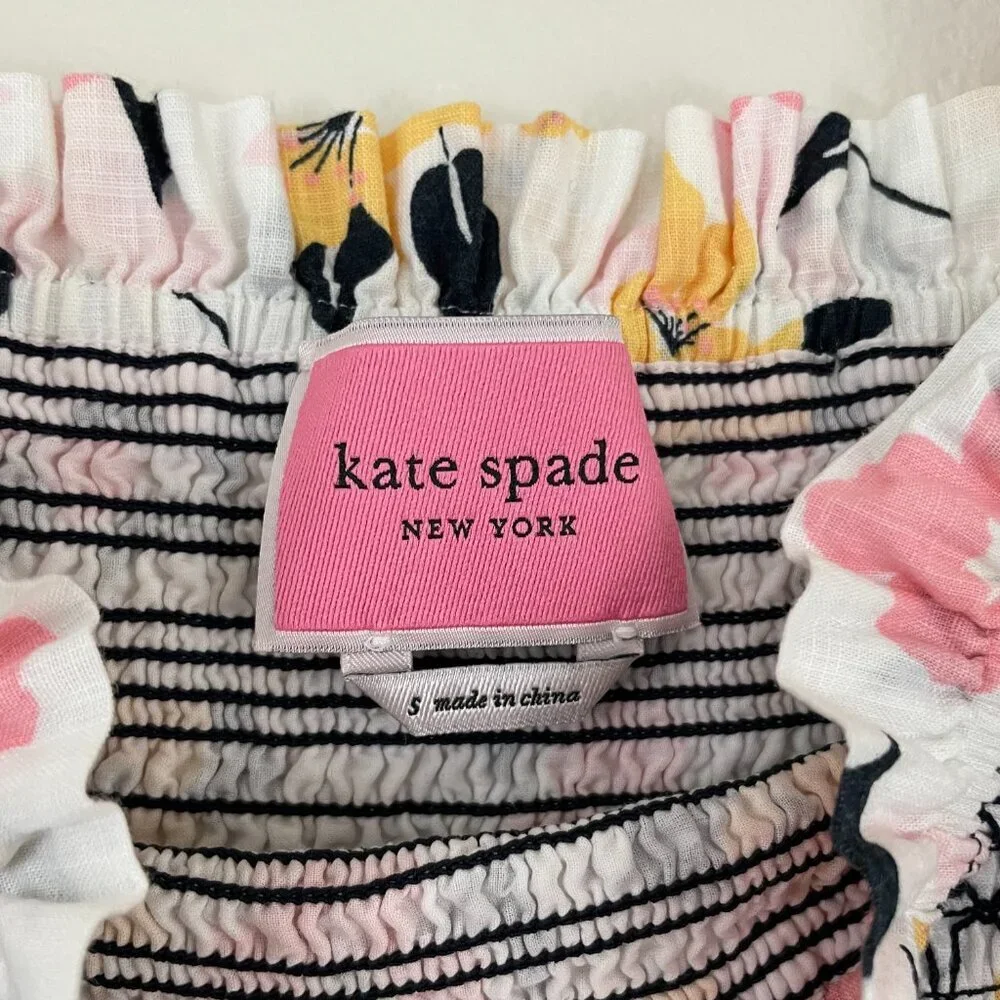 Kate Spade Lily Blooms Floral Puff Sleeve Smocked Top Size Small